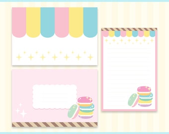 May include: Three printable stationery cards with a pastel color scheme. The top card has a striped awning design. The middle card has a blank space for writing and a stack of colorful macarons. The bottom card has a lined space for writing and a stack of colorful macarons.