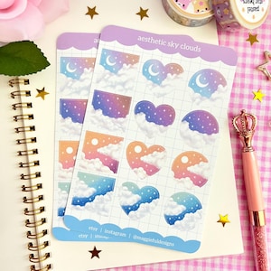 Aesthetic Clouds | Sky | Moon Stars Celestial | Pastel Palette | Hearts Circles | Bullet Journal Diary | Deco | Sticker Sheet | 4" x 6"