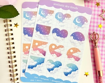 Aesthetic Clouds | Sky | Moon Stars Celestial | Pastel Palette | Hearts Circles | Bullet Journal Diary | Deco | Sticker Sheet | 4" x 6"