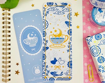 Blue Floral Willow | Moon Tea | Rabbits Koi Fishes | Flowers Clouds Waves | Vintage Porcelain | Double-Sided | Glossy Bookmark | 2.25" x 6"
