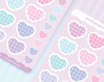 Aesthetic Hearts | Pastel Palette | Gingham Pattern | Checkered Striped Tiled | Bullet Journal Diary | Deco | Sticker Sheet | 4" x 6"