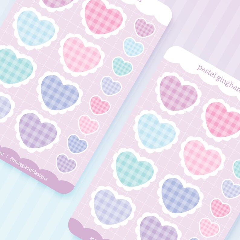 Aesthetic Hearts Pastel Palette Gingham Pattern Checkered Striped Tiled Bullet Journal Diary Deco Sticker Sheet 4 x 6 image 1