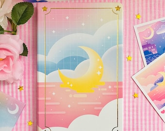 Aesthetic Scenery Moon | Pastel Colorful | Celestial Clouds Stars | Grid Dots | Gold Foil Effect | PU Leather | A5 Notebook | 5.25" x 8.25"