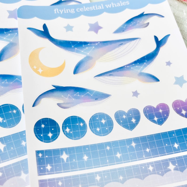 Aesthetic Whales Flying Celestial Space Galaxy Moon Stars Hearts Bullet Journal Diary Deco Washi Sticker Sheet 4 x 6 image 4