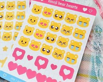 Kawaii Cute | Emoji Blobs | Yellow Smileys | Bears Cats | Hearts Stars | Icons | Bullet Journal Diary | Deco | Sticker Sheet | 3.35" x 4.5"