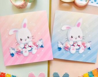 White Rabbit Candy | Kawaii Usagi | Dreamy Milky Creamy | Light Pink Sky Blue | Semi-Gloss Art Print | 4" x 4"