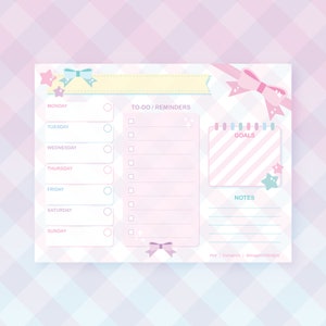 Kawaii Pastel / Cintas de Lazos / Estrellas de Caramelo / Rosa Púrpura Azul Teal / Planificador Semanal Diario Diario / Papelería / Carta / 11" x 8.5"