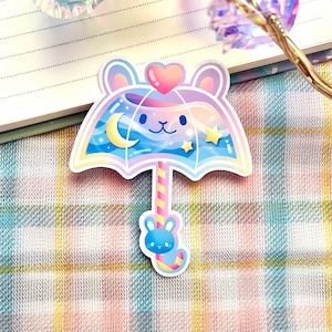 Kawaii Pastel Aesthetic Umbrella Bunny Rabbit Usagi Pink Blue Rainbow Moon Stars Holographic Glossy Sticker 2.5 x 3 Glossy - Blue