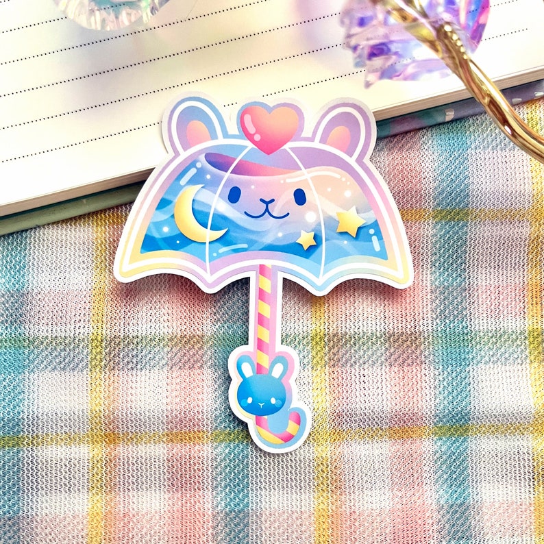 Kawaii Pastel Aesthetic Umbrella Bunny Rabbit Usagi Pink Blue Rainbow Moon Stars Holographic Glossy Sticker 2.5 x 3 Glossy - Blue