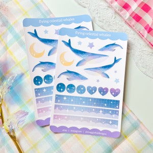 Aesthetic Whales Flying Celestial Space Galaxy Moon Stars Hearts Bullet Journal Diary Deco Washi Sticker Sheet 4 x 6 image 3