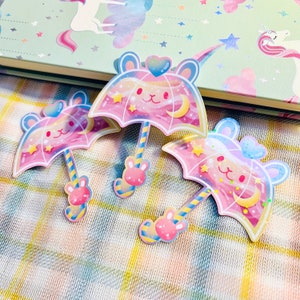 Kawaii Pastel Aesthetic Umbrella Bunny Rabbit Usagi Pink Blue Rainbow Moon Stars Holographic Glossy Sticker 2.5 x 3 image 5