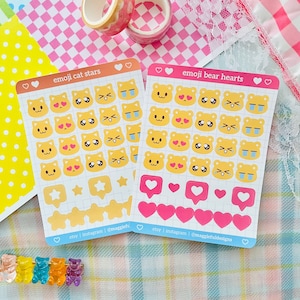 Kawaii mignon | Emoji blobs | Smileys jaunes | Ours Chats | Étoiles coeurs | Icônes | Journal intime du Bullet Journal | déco | Feuille d'autocollants | 3,35 x 4,5 pouces