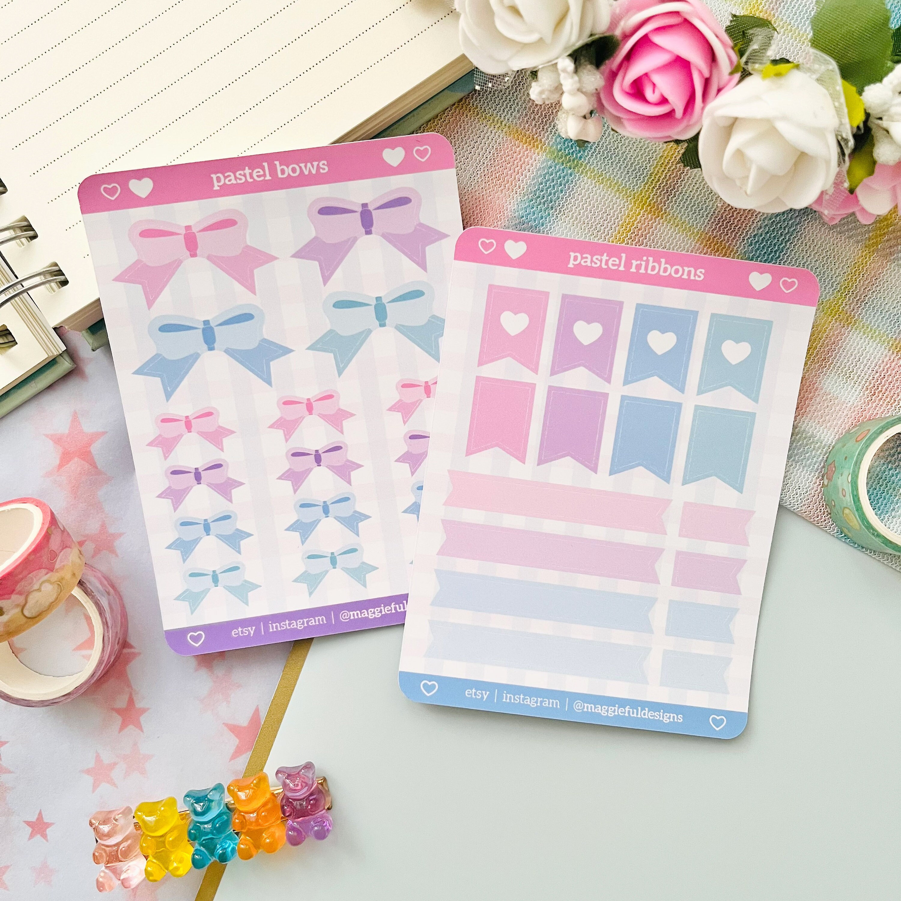 Cute Pastel Kawaii | Bows Ribbons Tabs Notes | Pink Purple Blue Teal ...
