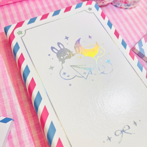 Airmail Bunny Rabbit | Red Blue Stripes | Ribbon | Grid Dots | Rainbow Holographic Iridescent | Leatherette | A6 Notebook | 3.5" x 5.5"