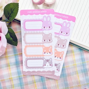 Étiquettes kawaii mignonnes | Animaux | Lapin rose Lapin Ours en peluche Shiba Inu Chien Neko Chat | Journal intime du Bullet Journal | Courrier | Feuille d'autocollants | 3 x 6 po.