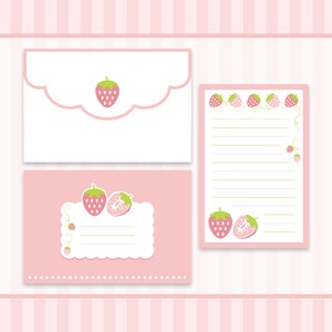 Lindo Kawaii / Fresas Rosadas Ichigo / Correo de Papelería / Conjunto de Sobres de Carta / 4" x 6"