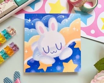 Sleepy UwU Bunny | Kawaii Usagi Rabbit | Dreaming Sleeping | Stars | Semi-Gloss Art Print | 4" x 4"