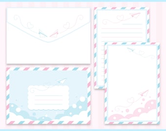 Super Cute Kawaii | Pastel | Airmail | Paper Airplanes | Classic Traditional Vintage | Stationery Mail | Letter Envelope Set | 4" x 6"