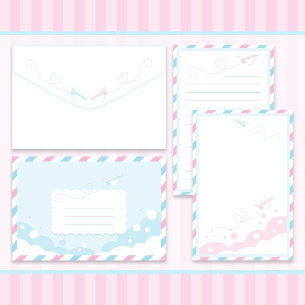 Super Cute Kawaii | Pastel | Airmail | Paper Airplanes | Classic Traditional Vintage | Stationery Mail | Letter Envelope Set | 4" x 6"