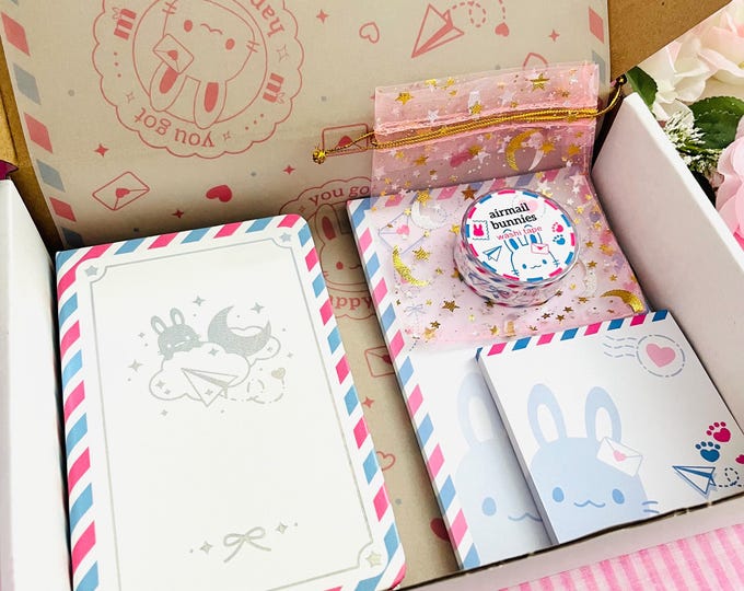 Airmail Collection | Bunny Rabbit | Mail | Red Blue | Holographic A6 Notebook | 4" x 6" Memo Pad | 3" x 3" Sticky Note Pad | Washi Tape