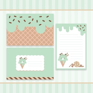 Dulce Kawaii / Helado de chocolate con menta / Oso Kuma / Correo de papelería / Conjunto de sobres de cartas / 4" x 6"