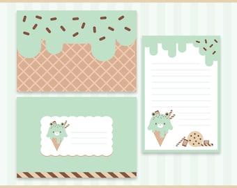 May include: Three printable cards with a mint green background and brown accents. The cards feature a waffle cone with mint green ice cream, chocolate sprinkles, and a chocolate chip cookie. One card has a blank space for writing.