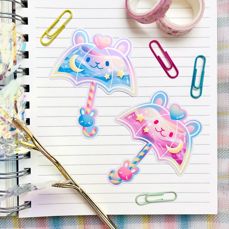 Kawaii Pastel Aesthetic Umbrella Bunny Rabbit Usagi Pink Blue Rainbow Moon Stars Holographic Glossy Sticker 2.5 x 3 Glossy - Both