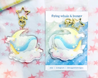 Kawaii Pastel | Whale Flying | Bunny Rabbit Usagi | Rainbow Clouds Moon Stars | Holographic Acrylic Keychain | 2.5" x 2.5"