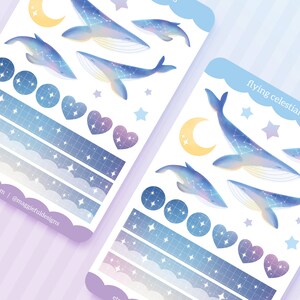 Aesthetic Whales Flying Celestial Space Galaxy Moon Stars Hearts Bullet Journal Diary Deco Washi Sticker Sheet 4 x 6 image 1