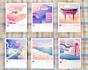 Aesthetic Scenery Series | Moon Stars City Torii Gate Space Celestial Ferris Wheel Beach Tokyo Tower | Semi-Gloss Art Print | 3" x 4"