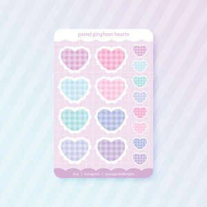 Aesthetic Hearts Pastel Palette Gingham Pattern Checkered Striped Tiled Bullet Journal Diary Deco Sticker Sheet 4 x 6 image 2