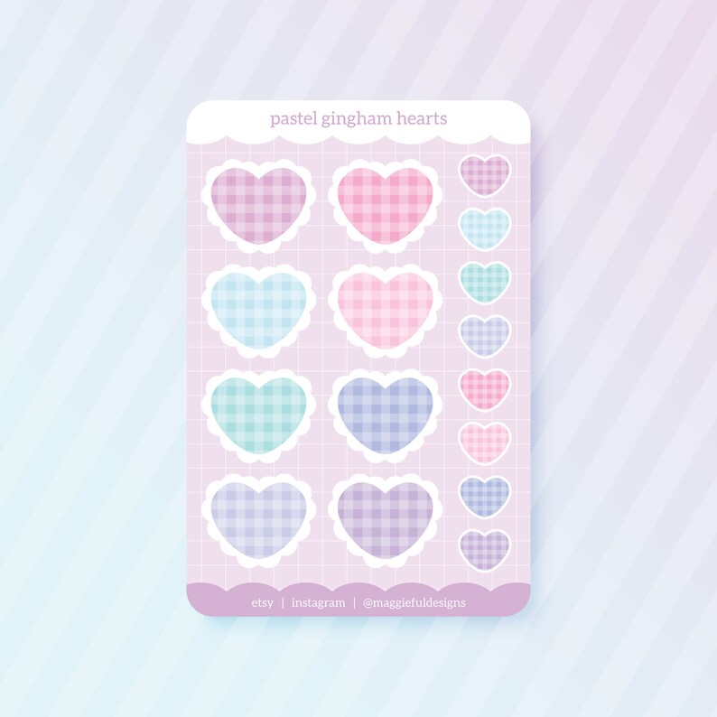 Aesthetic Hearts Pastel Palette Gingham Pattern Checkered Striped Tiled Bullet Journal Diary Deco Sticker Sheet 4 x 6 image 2