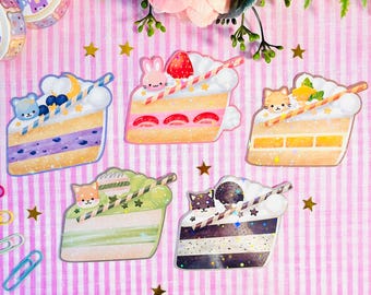 Yummy Kawaii Cakes | Flavors | Fruity Desserts | Strawberry Matcha Cookie Cream Roll | Cute Stars | Holographic Glossy Sticker | 3" x 2.5"