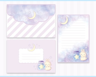 Pretty Celestial Kawaii | Moon Stars | Star Jar | Bunny Rabbit Usagi | Stationery Mail | Letter Envelope Set | 4" x 6"