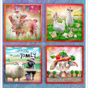 May include: Four colorful illustrations of farm animals with humorous sayings. A pink pig with flowers around its neck says "Let's HAM it up!" A white chicken with sunglasses and a hat says "Listen here mother CLUCKERS!" A black sheep with a hat says "There's ONE in EVERY FAMILY." A white rabbit with a hat made of vegetables says "I don't think you CARROT all."