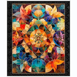 May include: A vibrant, geometric quilt featuring a kaleidoscope of colors including orange, blue, purple, and gold. The design is composed of floral and circular patterns with a black border.