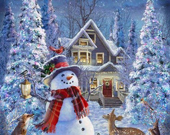 Timeless Treasures Snowy Day Winter Cottage & Snowman 24'' Panel Fabric,  Multi