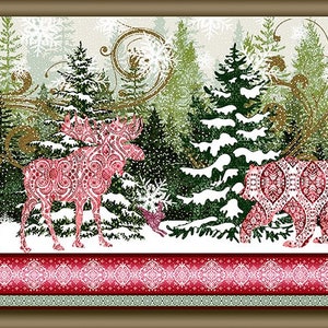 May include: A wintery forest scene with snow-covered trees and pink patterned deer and moose. The bottom border features a red and white patterned design.