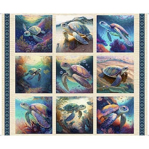 May include: A colorful fabric panel with nine squares featuring sea turtles swimming in the ocean. Each square has a different background and a different turtle pose. The turtles are green, blue, and purple with brown shells.