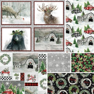 May include: A collage of fabric squares featuring winter scenes, including a deer, a bear, a barn, and a snowy forest. The fabric squares are arranged in a grid pattern and have a rustic, vintage feel.