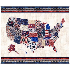 May include: A patriotic map of the United States, featuring a patchwork design with red, white, and blue patterns. The map includes Alaska and Hawaii, with a decorative border at the top and bottom.
