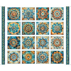 May include: A fabric panel featuring a repeating pattern of ornate, square designs. Each square showcases a detailed floral or mandala-like motif in shades of teal, turquoise, and gold. The edges of the panel have a teal and white border.