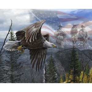 May include: A bald eagle flies over a mountain range with a faded American flag in the background. Three soldiers are faintly visible in the flag, standing in a line.