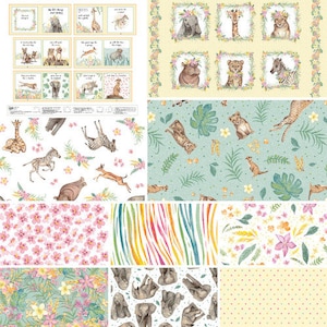 May include: A collection of 10 fabric prints featuring a variety of animal illustrations, including zebras, giraffes, elephants, and lions. The prints are in a variety of colors, including green, blue, yellow, pink, and white. The prints are perfect for quilting, sewing, and crafting.