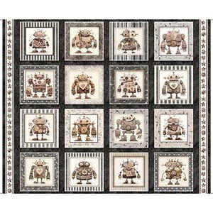 May include: A fabric panel featuring sixteen square images of whimsical robots in various designs. Each robot is framed with decorative borders in shades of brown, gray, and cream. The panel has a black background with a star-patterned border.