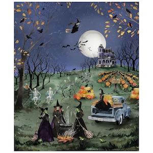 May include: A watercolor painting of a Halloween scene with three witches gathered around a cauldron, a pickup truck with the word "Scary" on the back, and a spooky house in the background. There are skeletons sitting on benches, pumpkins, and bats flying in the night sky.