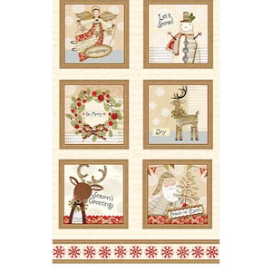 May include: A beige fabric panel with six squares featuring Christmas-themed illustrations. Each square has a brown border and a white background. The illustrations include an angel, a snowman, a wreath, a reindeer, another reindeer, and Santa Claus. The panel measures approximately 24 inches by 44 inches.