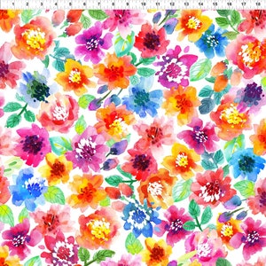 May include: A seamless pattern featuring watercolor flowers in shades of pink, red, orange, yellow, blue, and green on a white background.