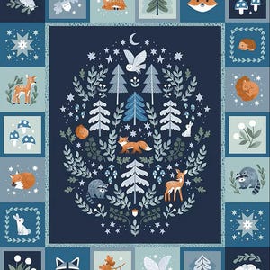 May include: A fabric panel featuring a forest-themed design. The central image is a circular arrangement of trees, leaves, and stars, with woodland animals like foxes, deer, and owls. The border has square panels with similar illustrations in shades of blue and white.