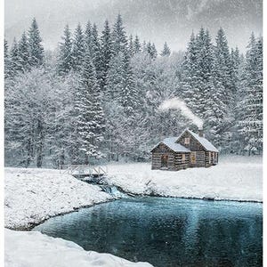 May include: A small wooden cabin nestled in a snowy forest with a stream flowing in front of it. The cabin has a chimney with smoke coming out of it, and the trees are covered in snow.